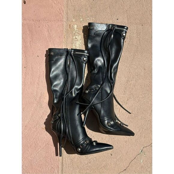 Women's Black Stiletto High Heel Knee High Boots with Tassel Pointy Toe Studded - Picture 8 of 8